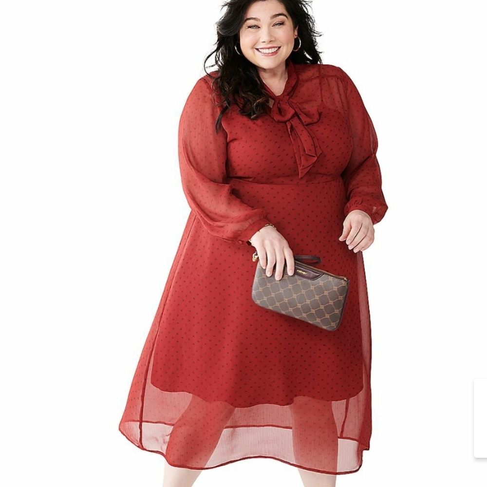 Evri Women's Plus NWT 3X Burgundy Maroon Floral Print Sheer Tie Neck Midi Dress